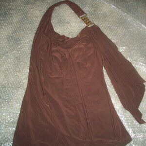 womens brown halter top.Attached sash.gold bling.Size Jr. large